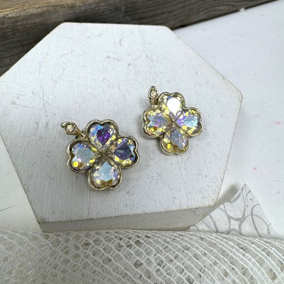 Vintage Gold Tone Four-Leaf Clover Clip-On Earrings With Iridescent Rhinestones - Picture 3 of 6